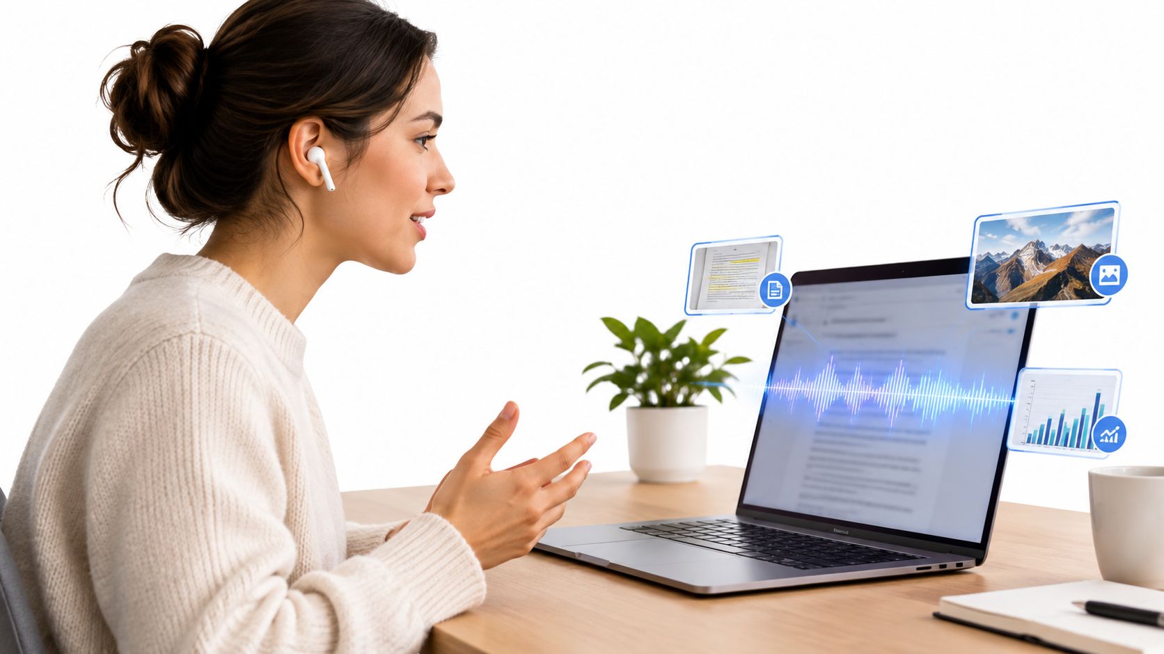 A woman using a laptop with interactive AI tools for documents, images, and data analysis tasks.