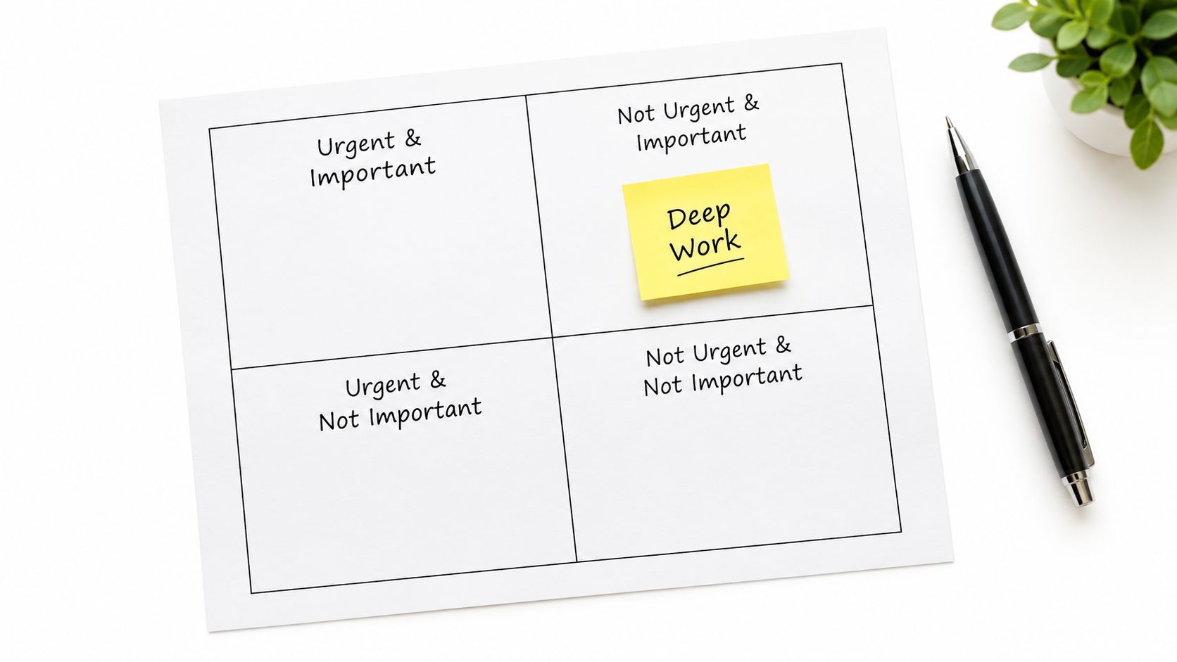 A four-quadrant Eisenhower matrix chart on a desk with a sticky note labeled Deep Work.