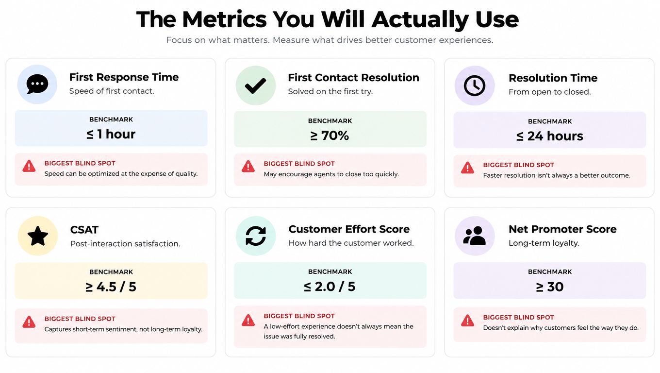 A table outlining essential customer service metrics including response time, resolution, CSAT, customer effort, and promoter scores.