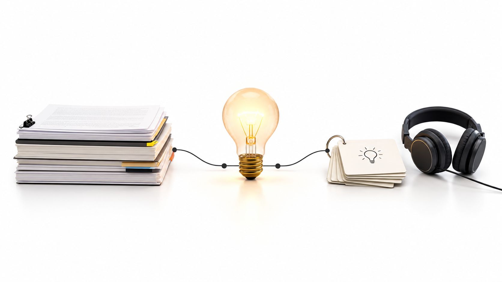 A stack of documents connected to a glowing lightbulb and a notebook with headphones on a table.