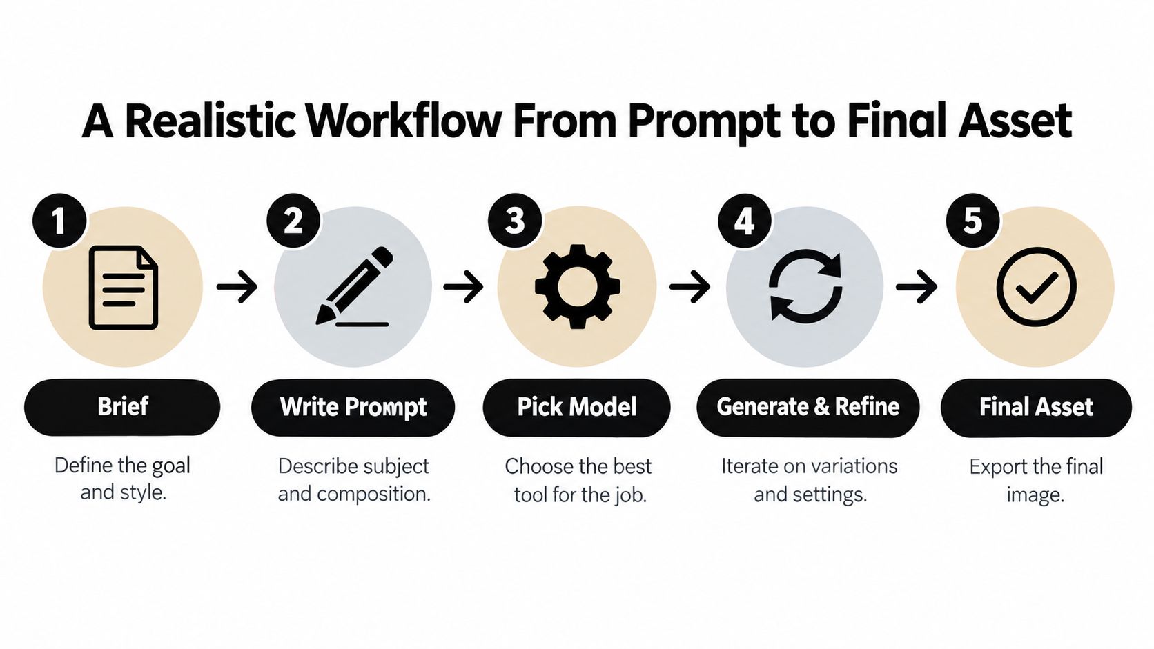 A five-step flowchart illustration showing a realistic workflow process from prompt to final AI generated image asset.