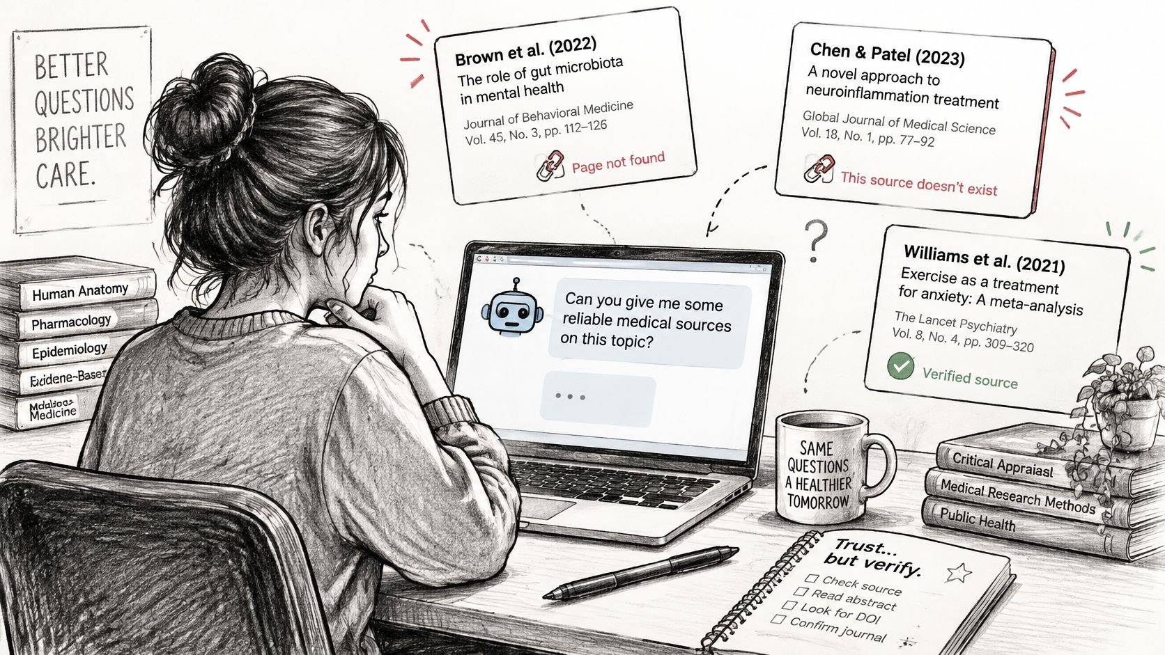 A woman at a desk checking AI-generated citations to distinguish between reliable sources and hallucinations.