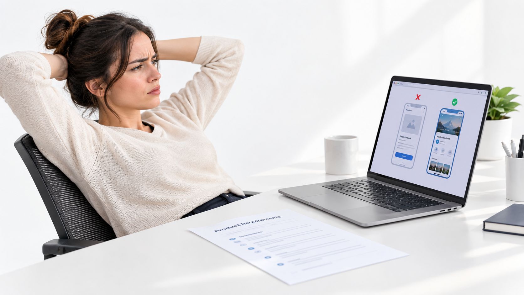 A frustrated professional woman sitting at a desk with a software requirement specification document and laptop.