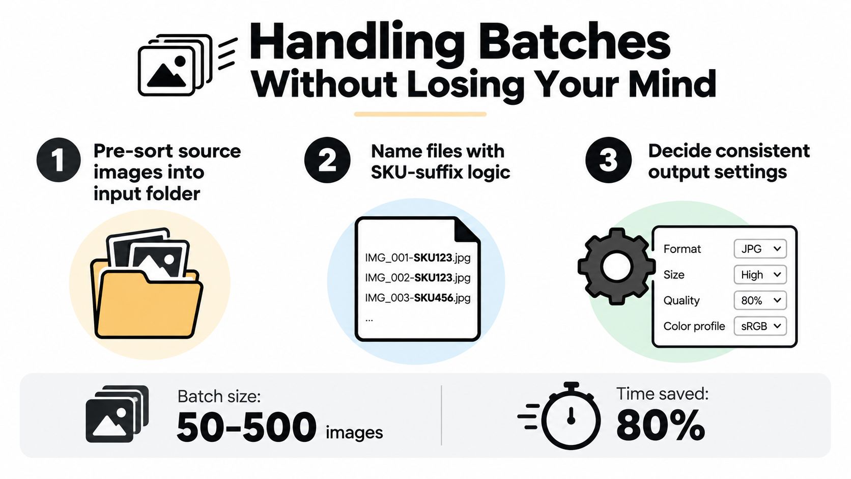 An infographic showing a three-step workflow for efficiently handling image batches, resulting in time savings.