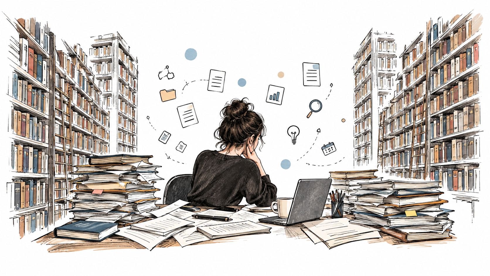 A student studying at a messy desk filled with books and papers in a large library.