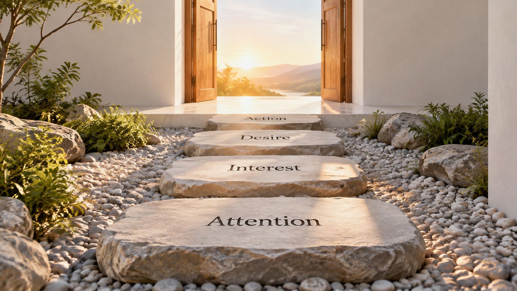 Four stone steps with the words Attention, Interest, Desire, and Action leading toward an open garden gate.