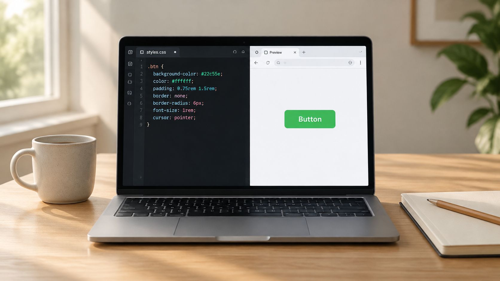 A modern laptop on a wooden desk showing code and a live preview of a button.