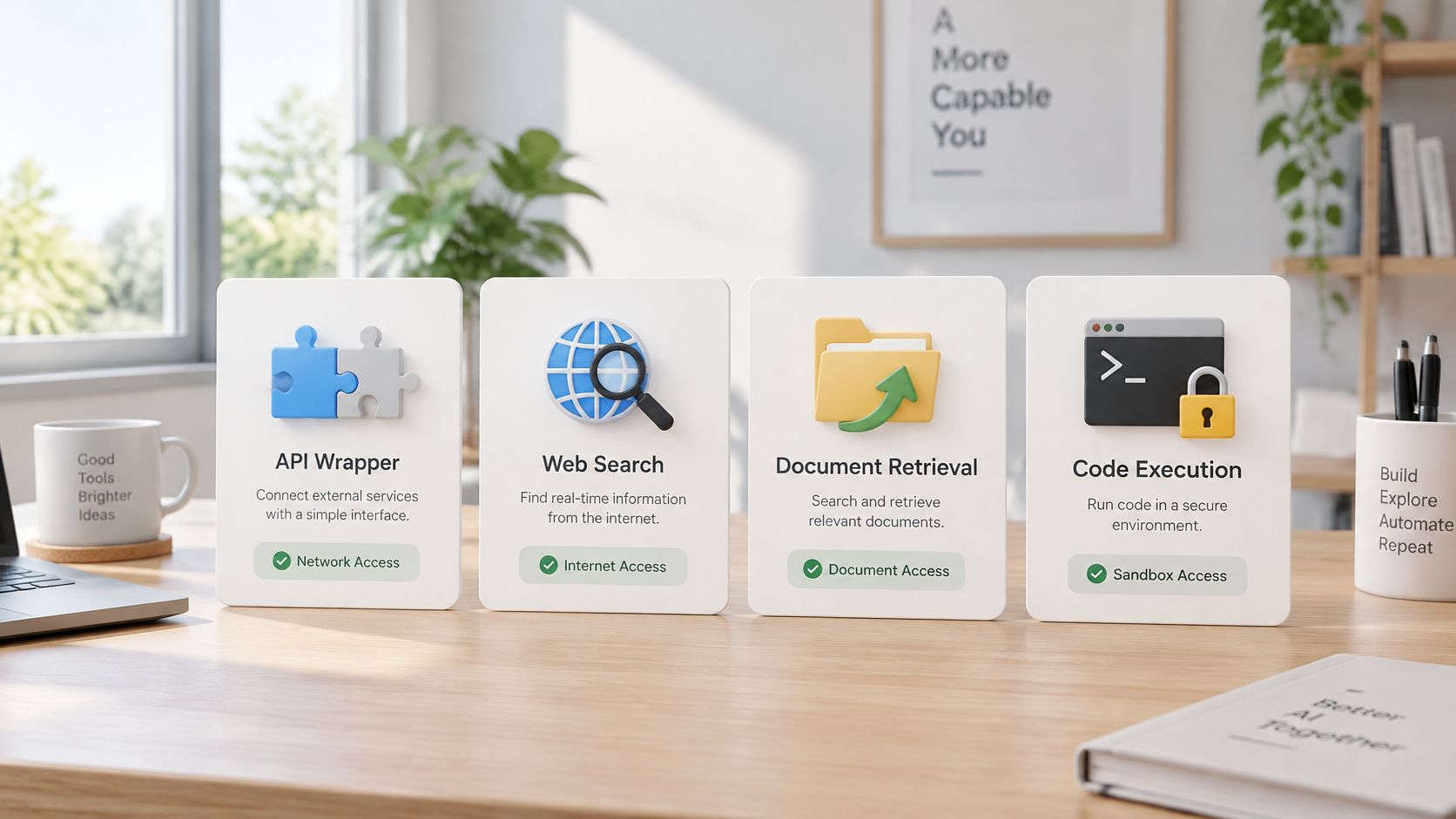 A clean workspace featuring four cards detailing AI agent capabilities: API wrapper, web search, document retrieval, and code execution.