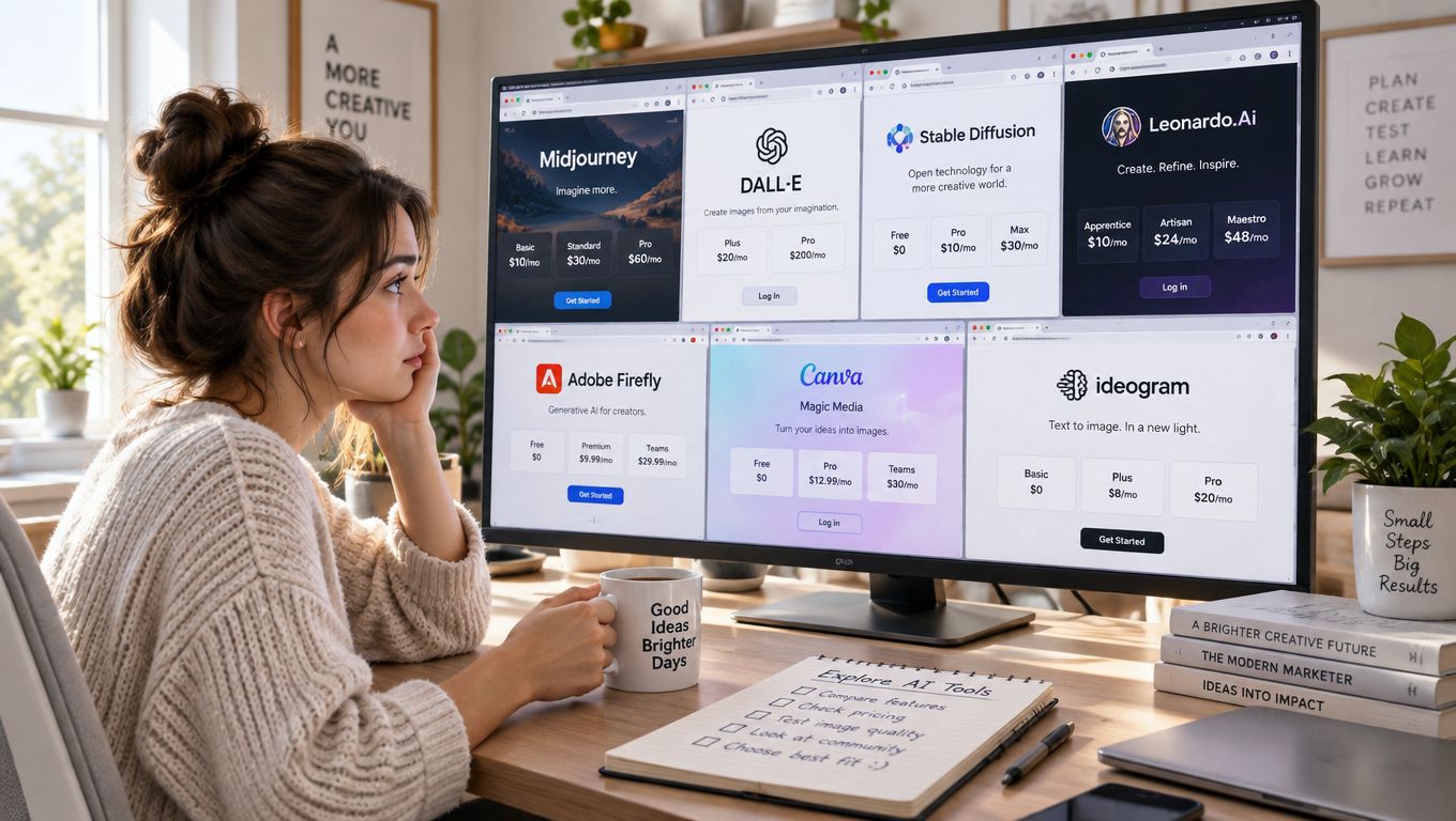 A young woman sits at a desk, reviewing various AI image generator program pricing plans on her monitor.