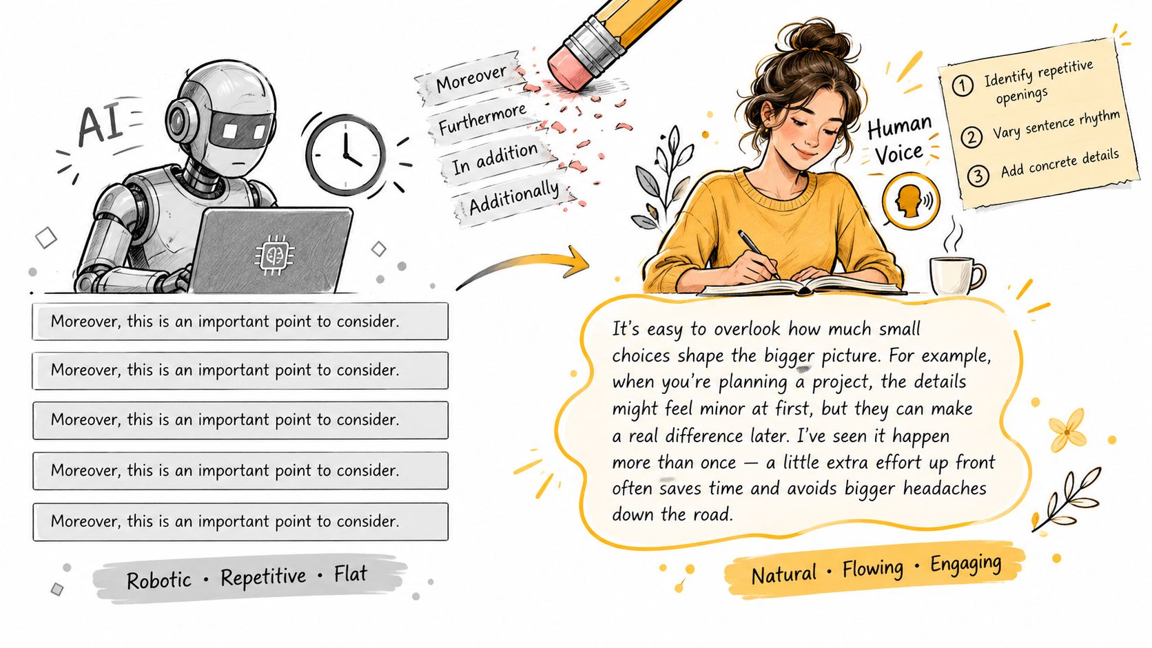 A comparison showing robotic, repetitive AI-generated text versus natural, human-written writing with engaging narrative flow.