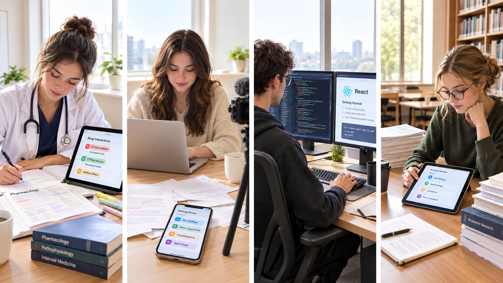A composite image showing four different students using an educational AI flashcards app on various devices.