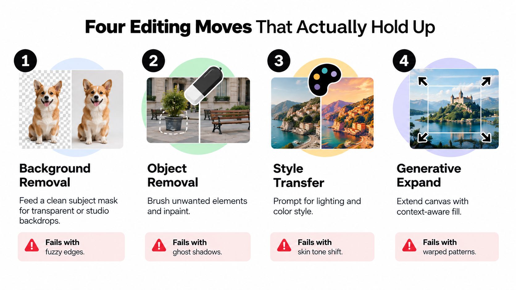 An infographic titled Four Editing Moves That Actually Hold Up, illustrating AI image editing techniques with examples.