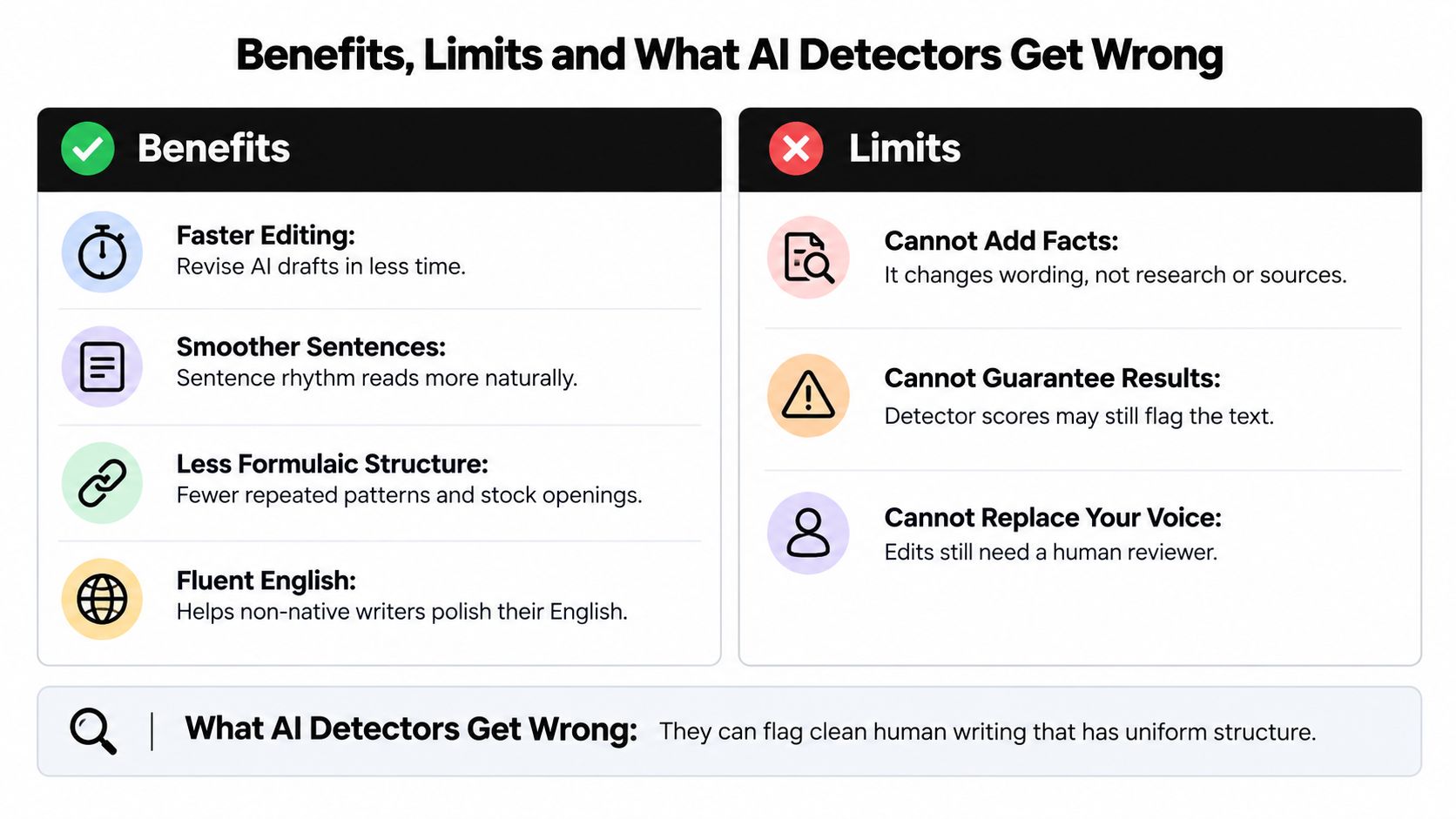 An infographic titled Benefits, Limits and What AI Detectors Get Wrong, detailing pros and cons of AI tools.