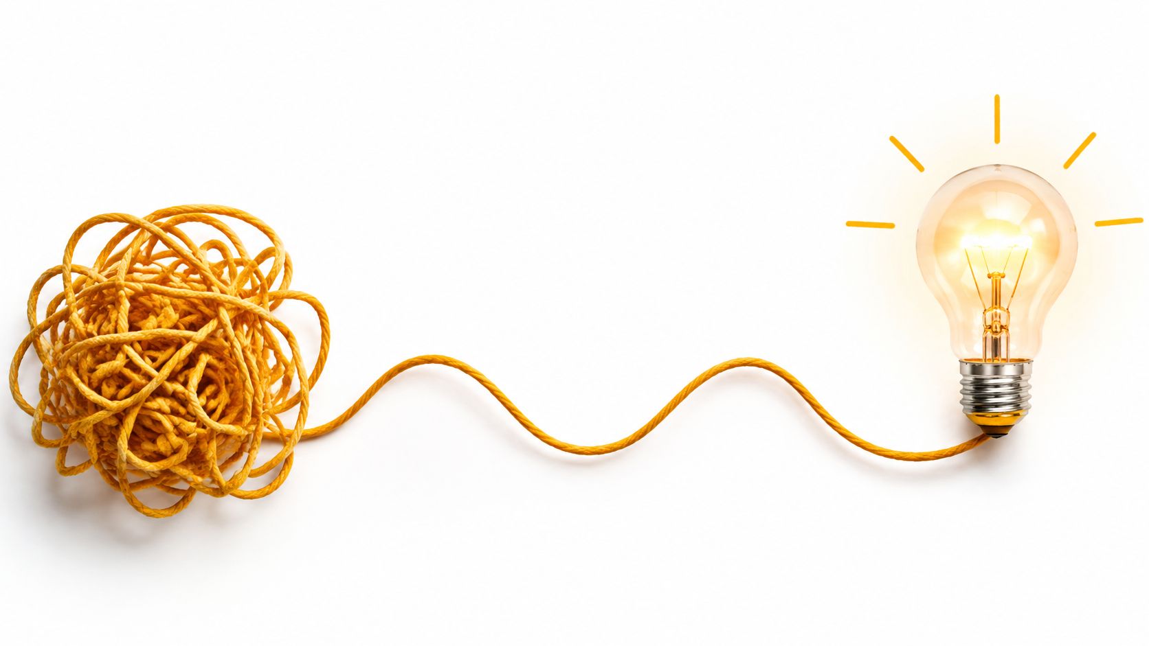 A tangled yellow string transforming into a smooth line leading to a glowing light bulb.