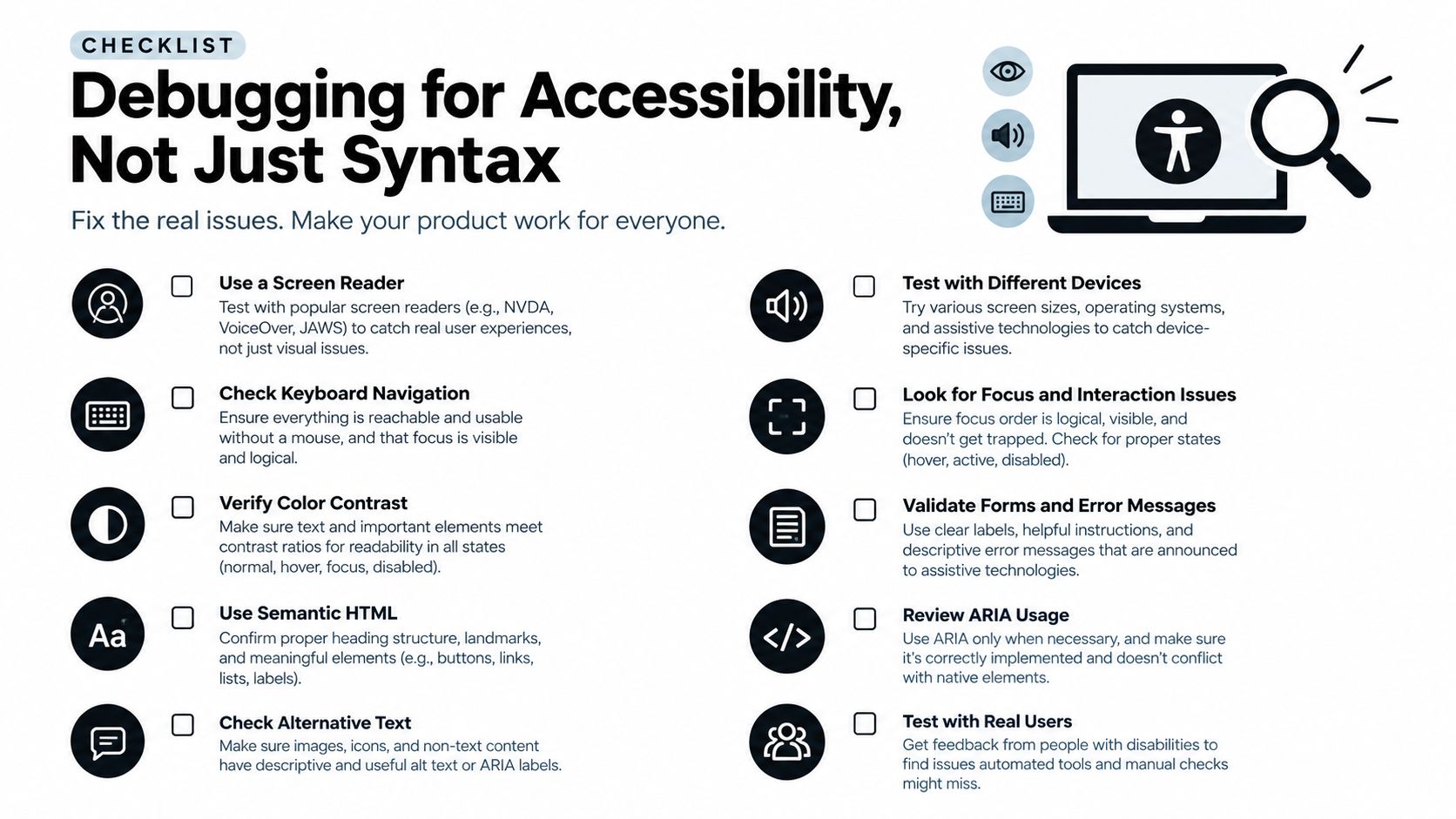 A checklist graphic titled Debugging for Accessibility, listing ten essential steps for inclusive web development and testing.