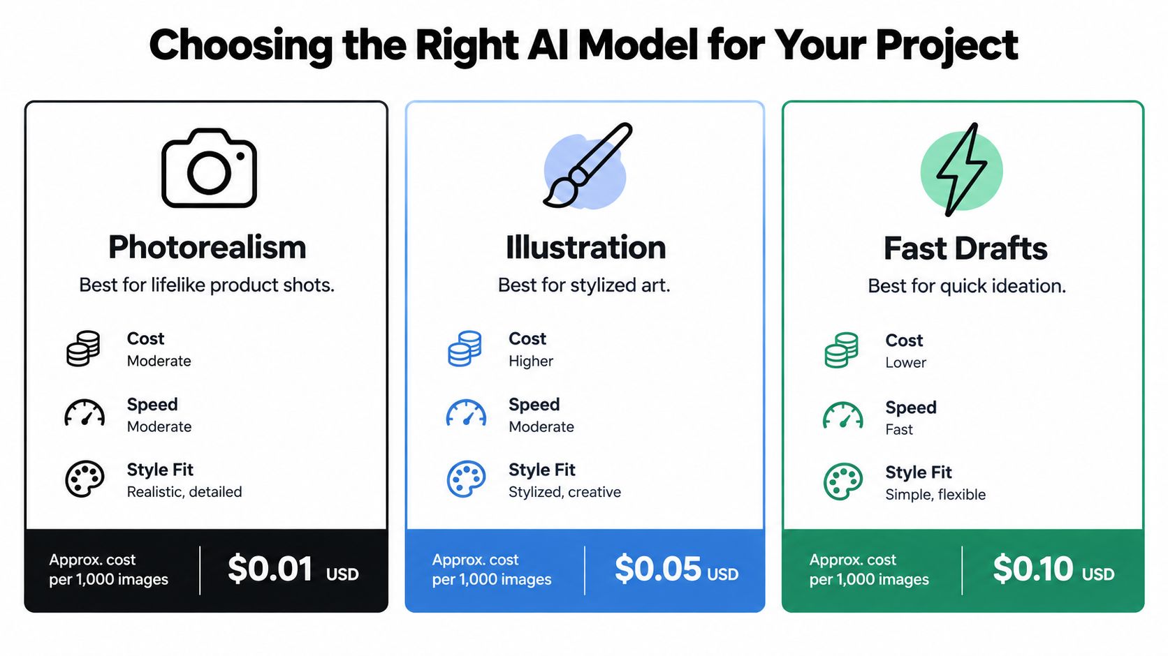 A comparison chart showing AI model options for photorealism, illustration, and fast drafts with pricing and performance metrics.