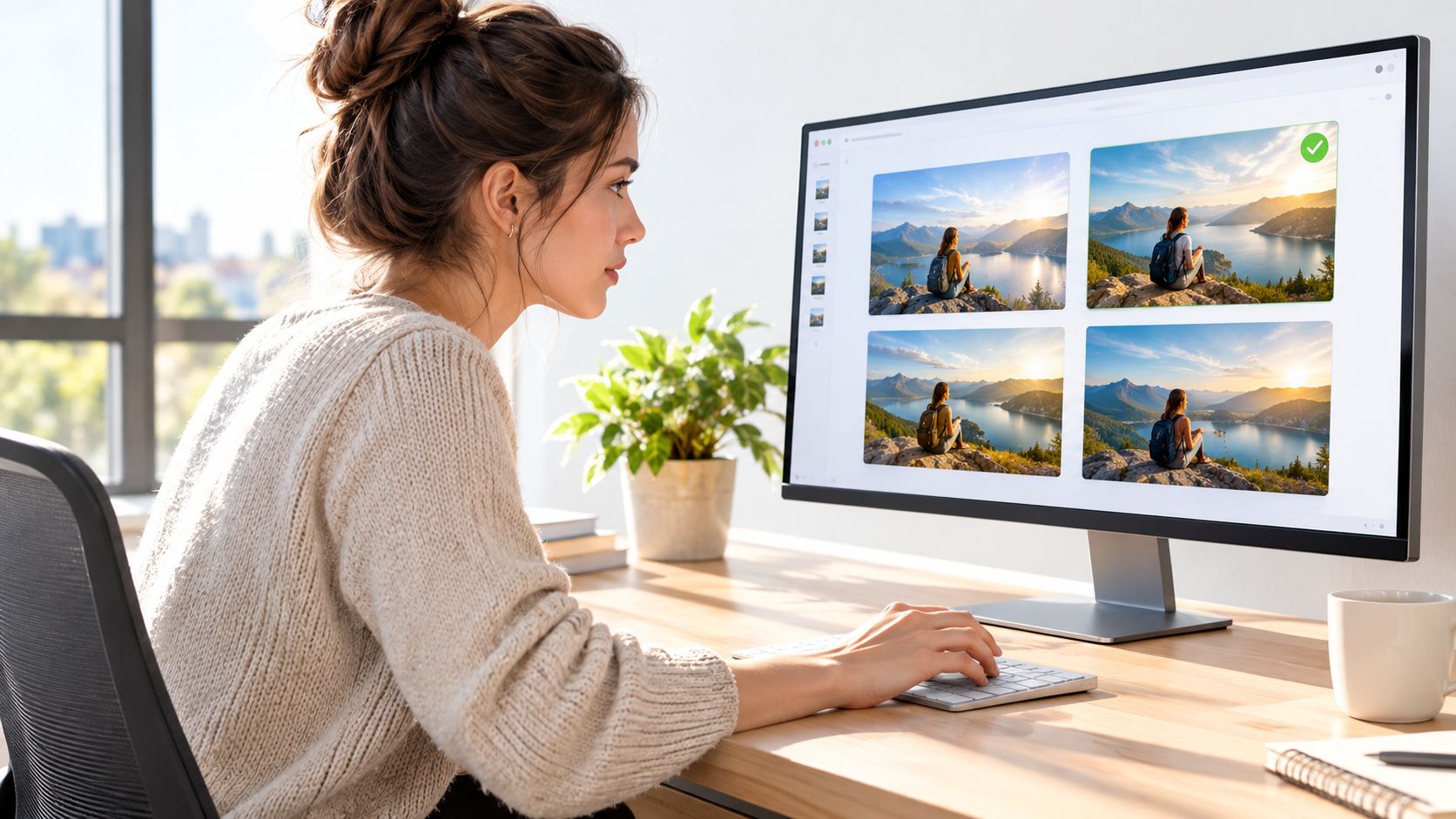 A young woman working on her computer selecting travel photos on a large digital monitor display.