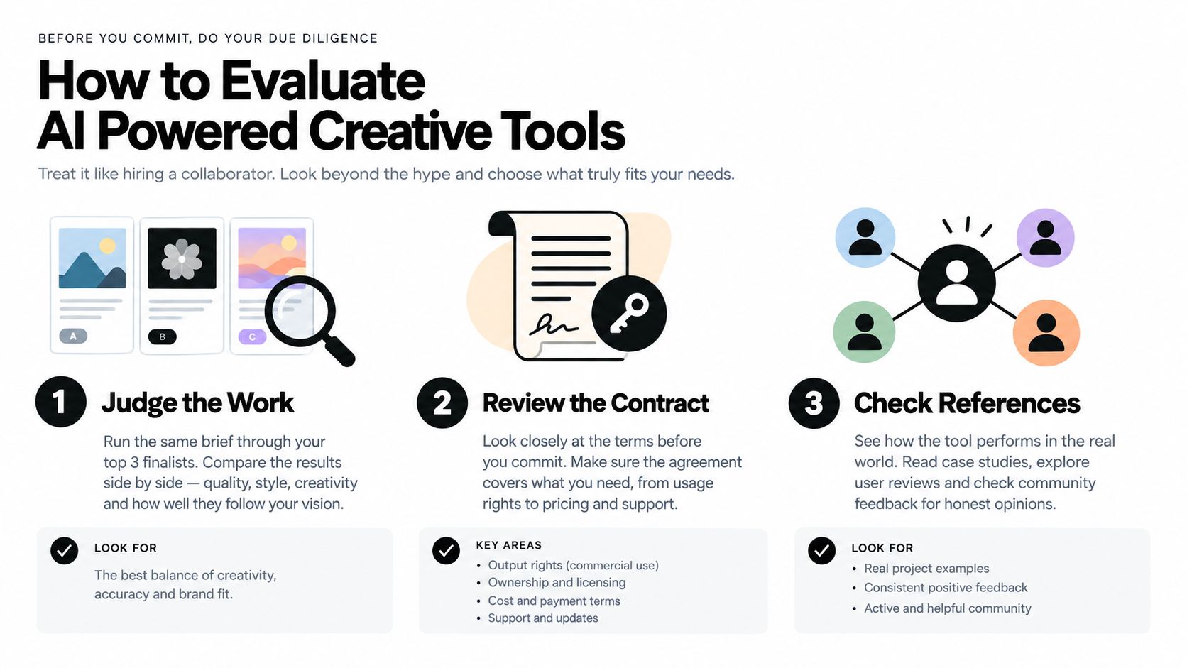 A guide illustrating three steps to evaluate AI powered creative tools, including judging work, reviewing contracts, and checking references.