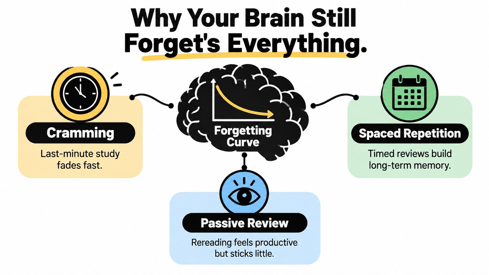 An infographic illustrating memory retention concepts including cramming, the forgetting curve, passive review, and spaced repetition.