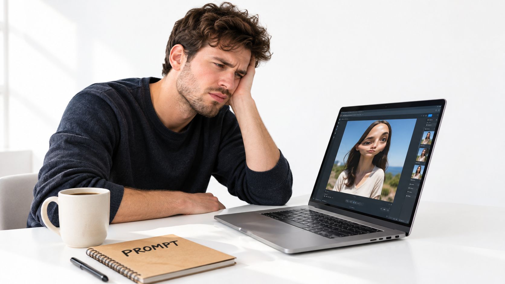 A frustrated man looking at a distorted AI-generated image of a woman on his laptop screen.