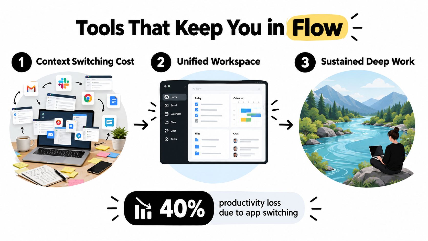 An infographic showing how to reduce app switching to achieve sustained deep work and higher productivity.