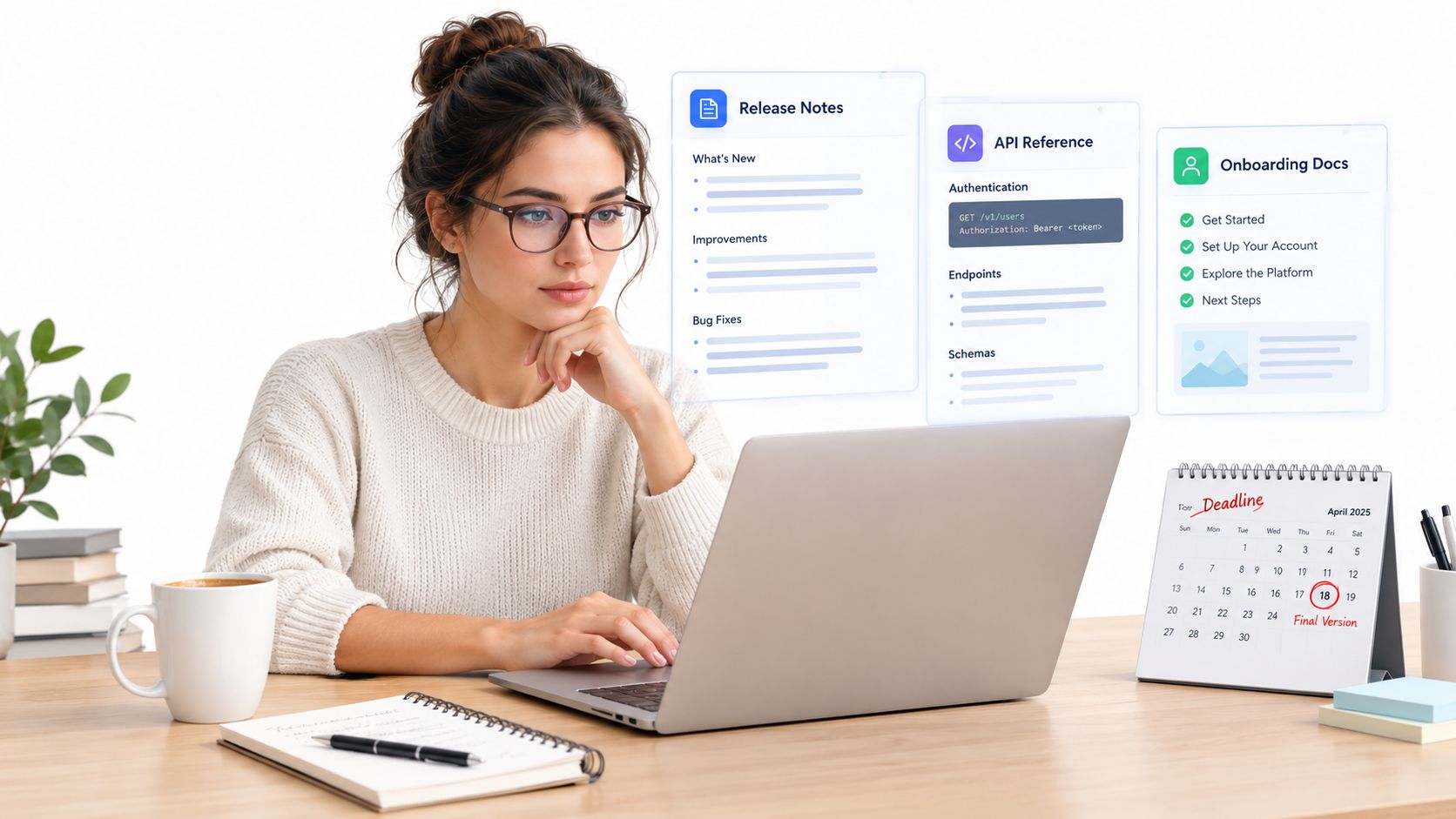 A woman working on a laptop with holographic documentation panels and a calendar showing a deadline.