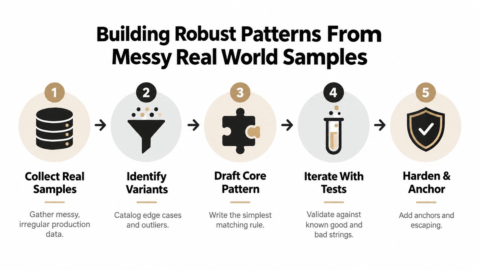 A five-step workflow infographic illustrating the process of building robust regex patterns from messy real-world data samples.