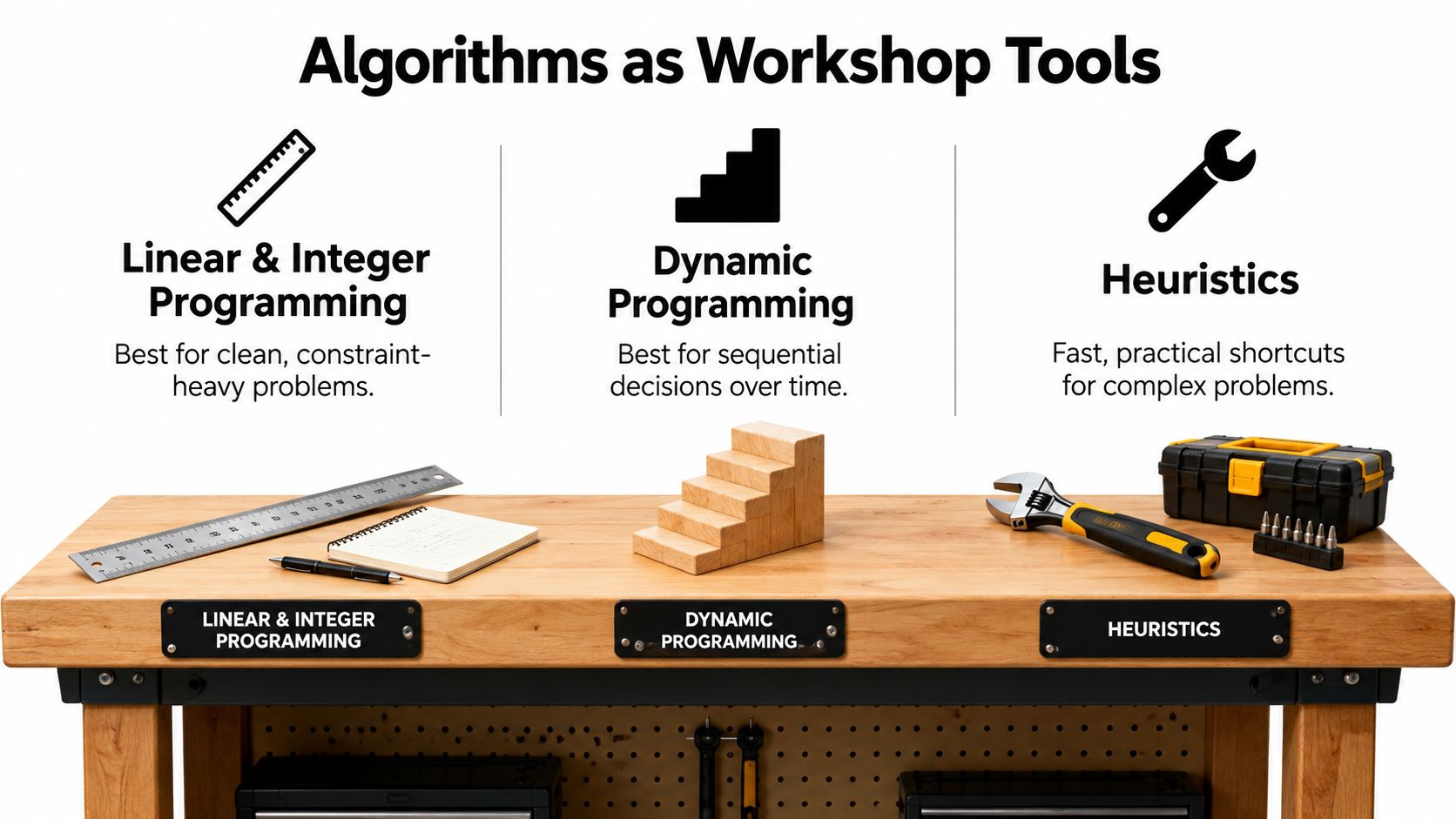 A wooden workbench displaying tools representing different optimization algorithm categories including linear programming, dynamic programming, and heuristics.