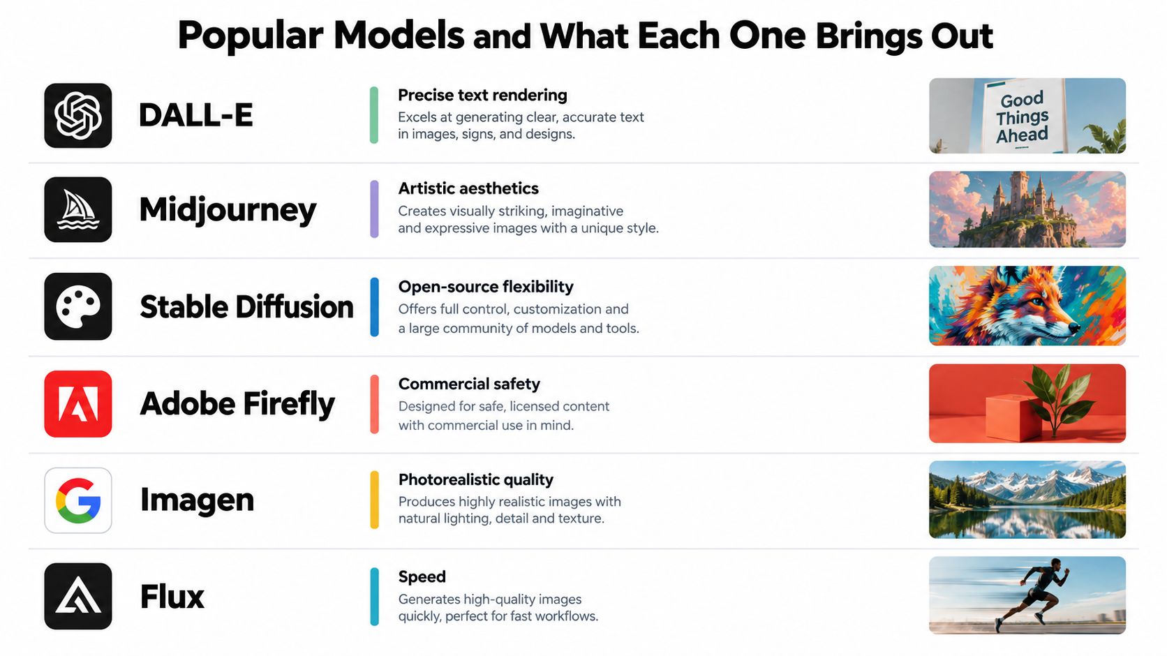 A comparison chart listing popular AI image generator models and their unique features and strengths.
