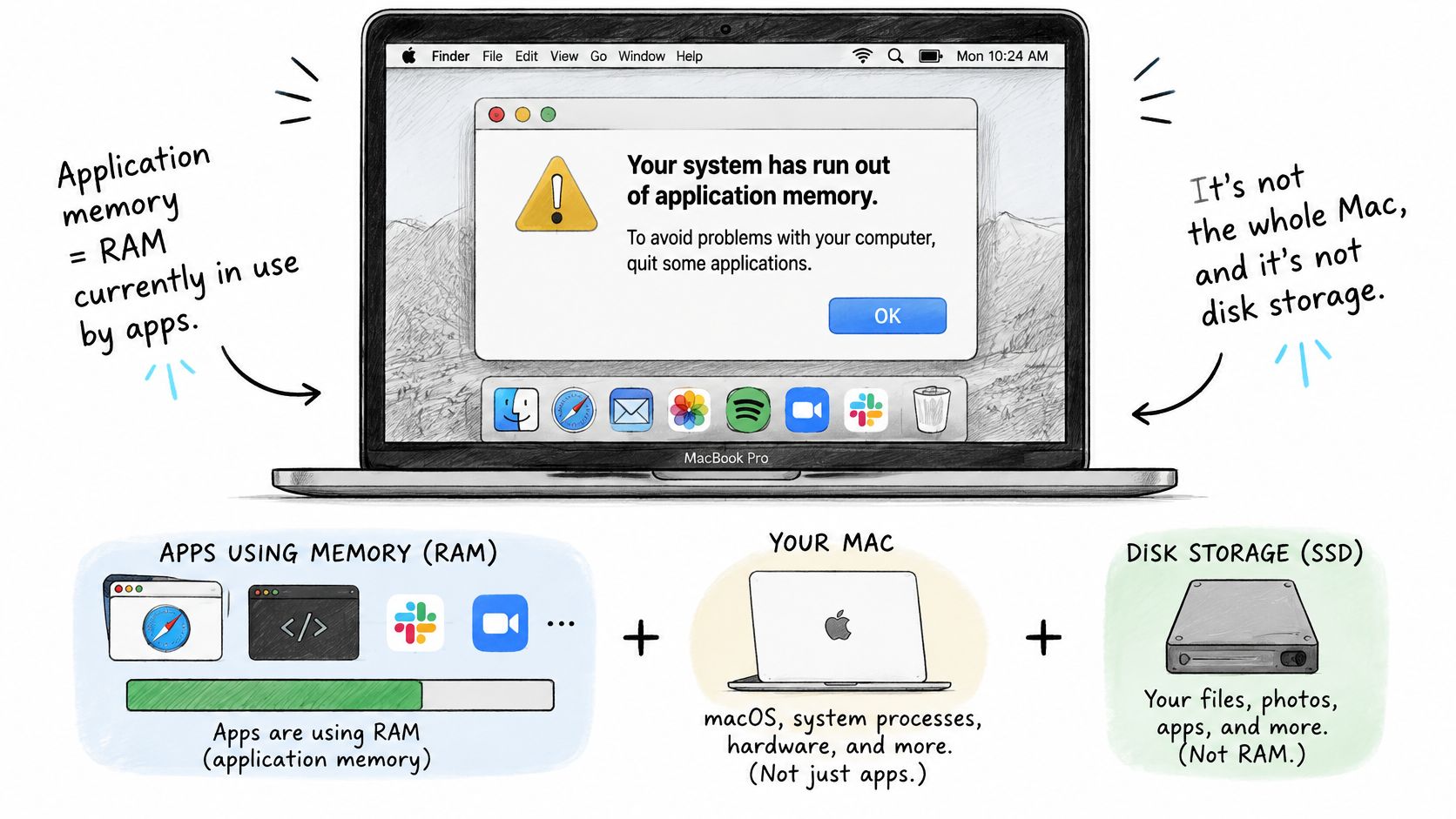 A diagram explaining that MacBook application memory errors refer to RAM usage, not full disk storage.