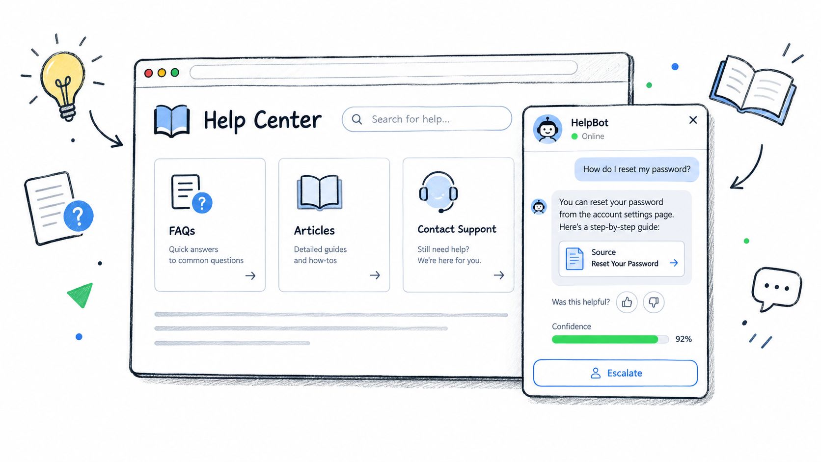 A digital illustration showing a Help Center website interface with an integrated AI chatbot answering support questions.