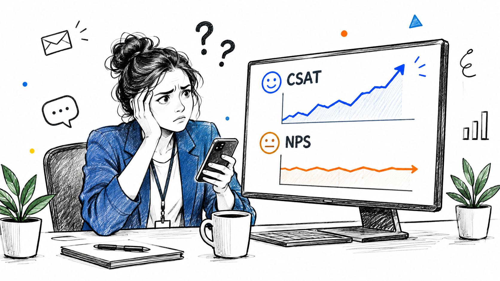 A concerned professional woman looks at a computer screen showing rising CSAT and stagnant NPS scores.