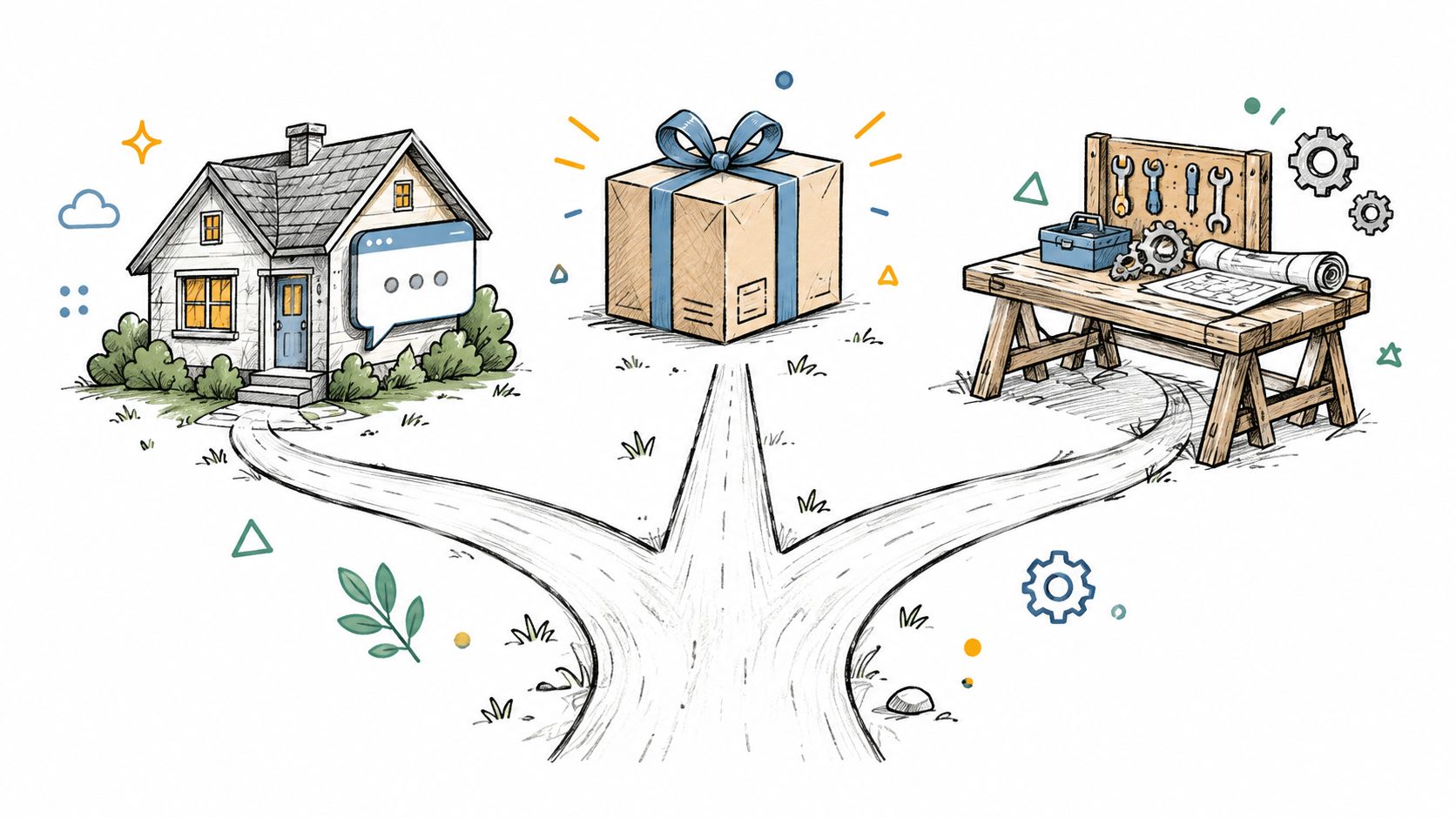 An illustration showing a road splitting between a house with a chat bubble and a workshop desk.