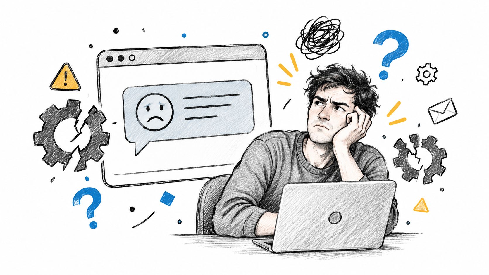 A frustrated man sits at a laptop looking at a broken chat widget icon with a sad face.