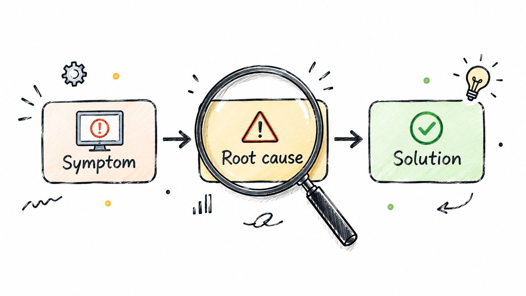 A hand-drawn illustration depicting the process from identifying a symptom to finding the root cause and solution.