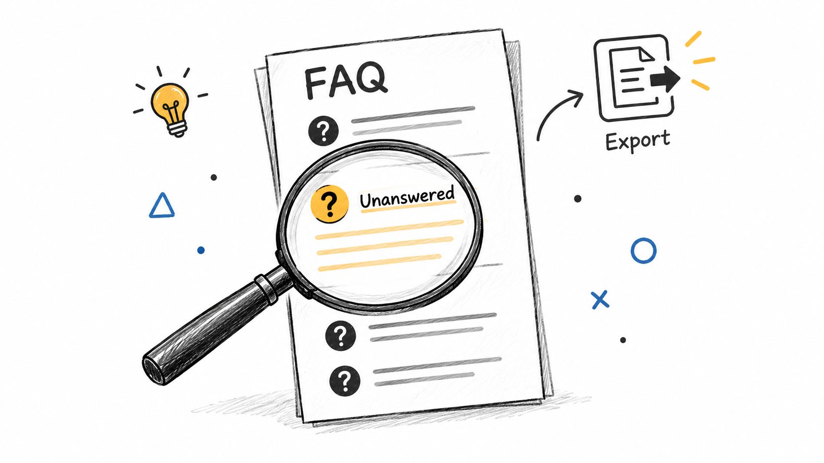 A magnifying glass focusing on an unanswered question on an FAQ document next to an export icon.