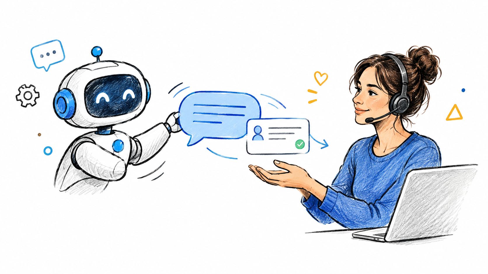 A friendly robot assistant interacting with a customer service representative using a headset and laptop computer.