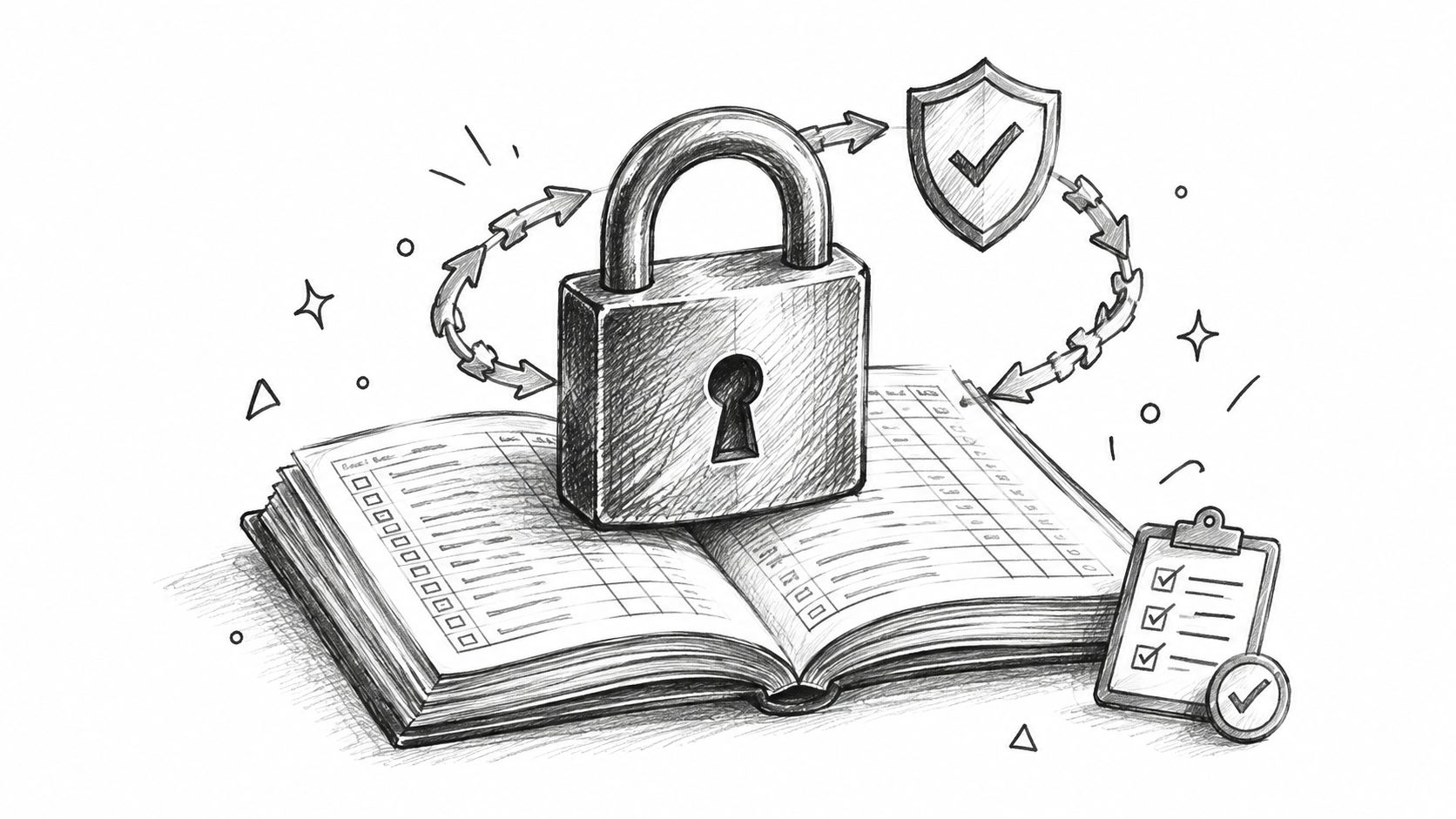 A pencil sketch of a secure padlock on an open logbook with a clipboard and checklist nearby.