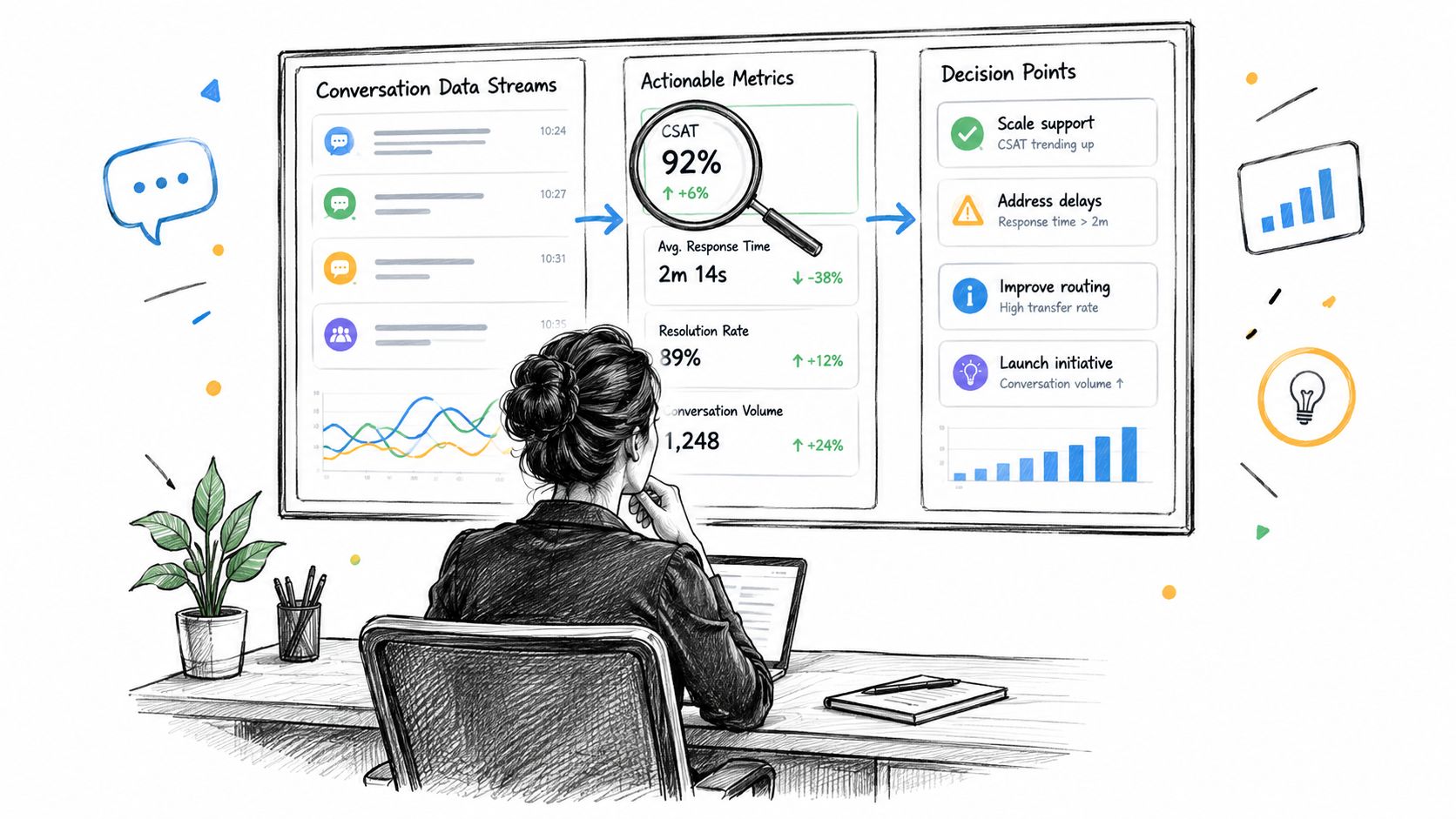 A professional analyzing customer experience analytics on a digital whiteboard to optimize business decision points and strategies.