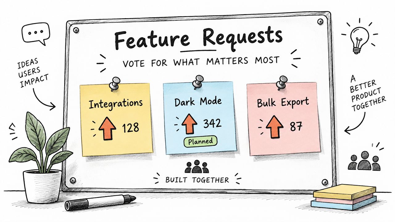 A hand-drawn whiteboard titled Feature Requests with three sticky notes displaying user voting counts for requested features.