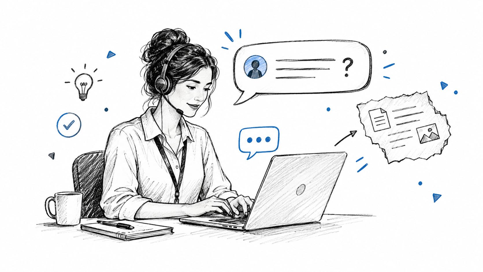 A professional woman wearing a headset, working on a laptop, with digital icons representing communication and information processing.