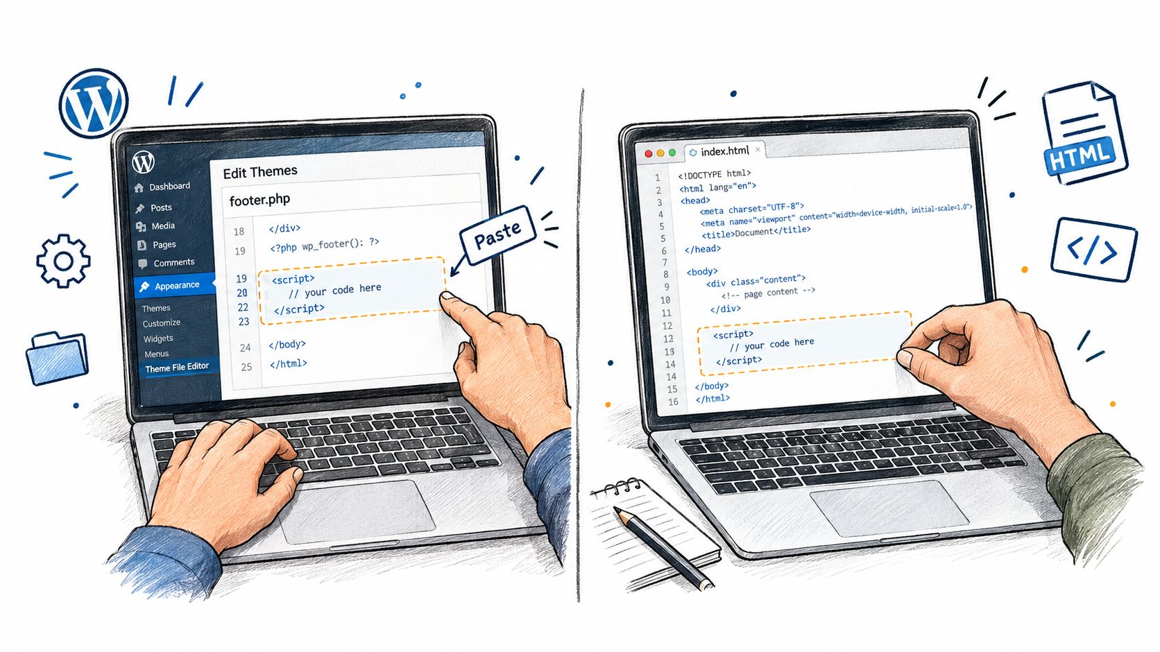 A hand pasting code into the footer file of a WordPress editor and an HTML file.