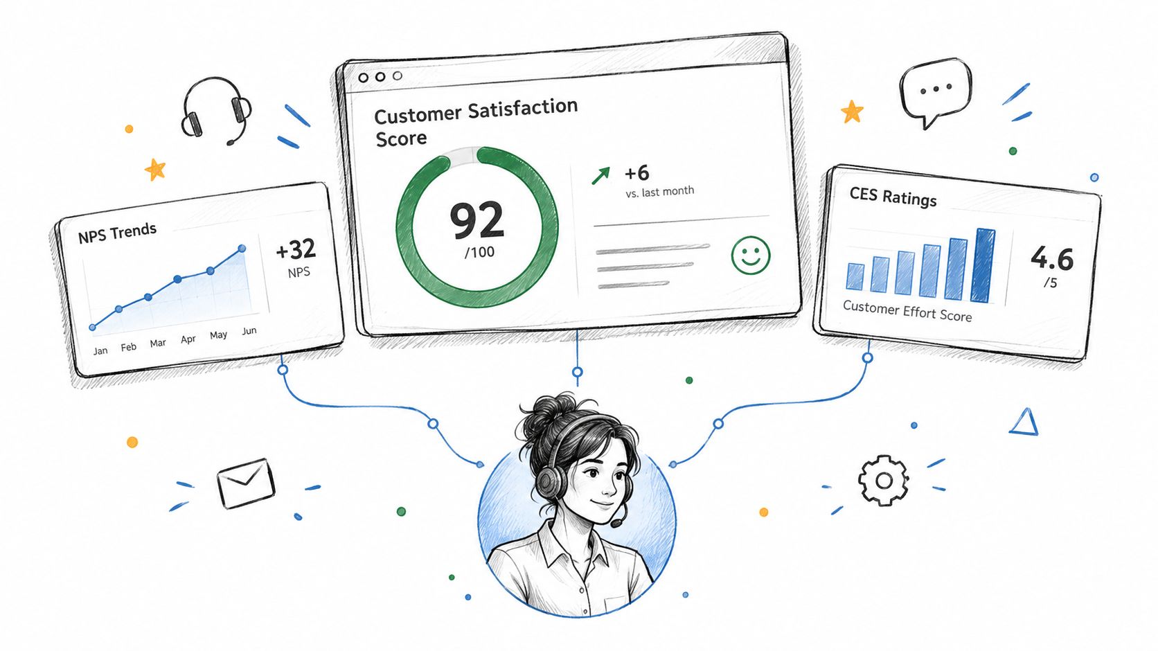 A hand-drawn illustration showing a customer support agent surrounded by data charts measuring customer satisfaction and experience.