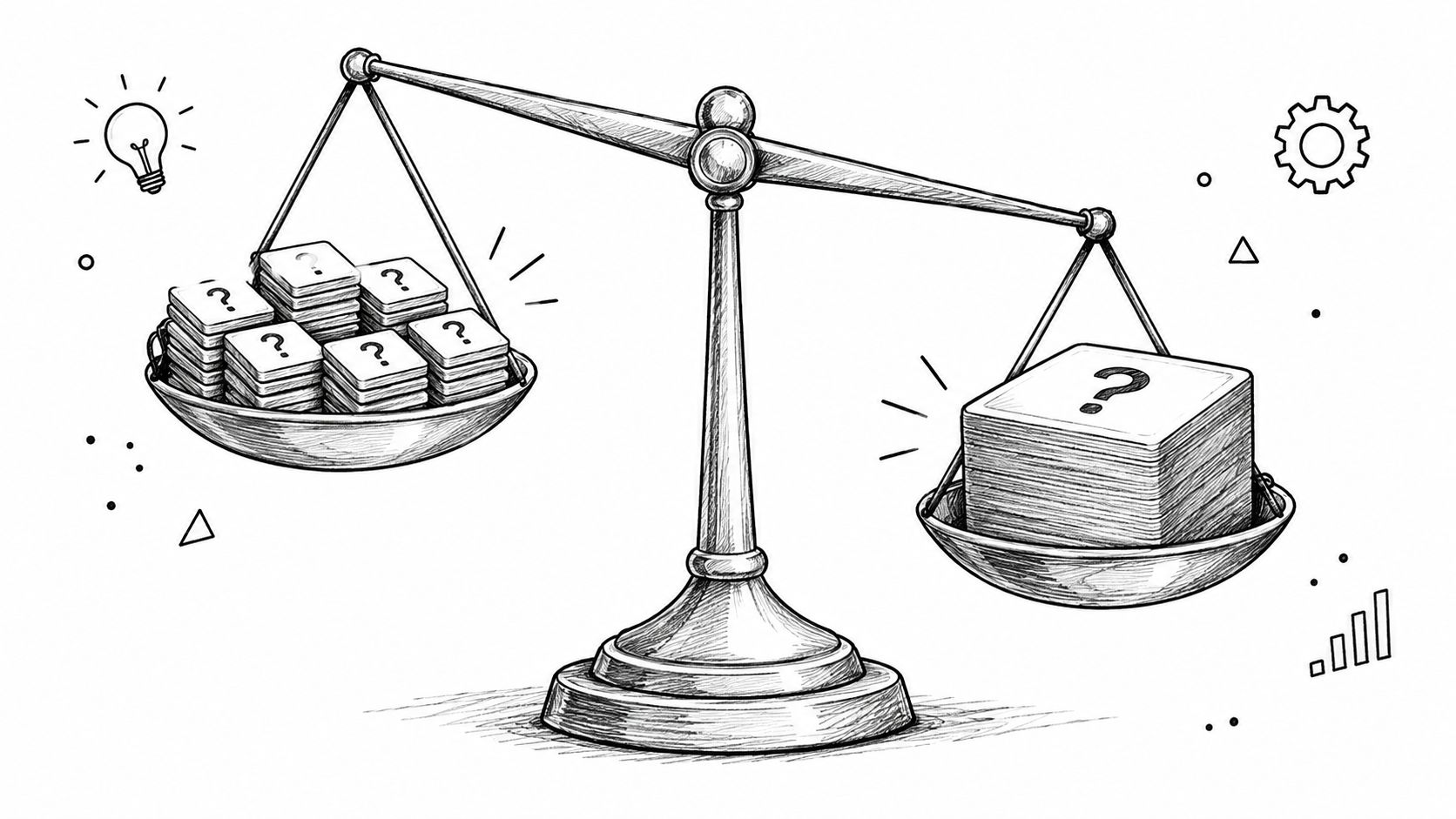 A conceptual drawing of a balance scale showing small pieces of information versus one large, combined unit.