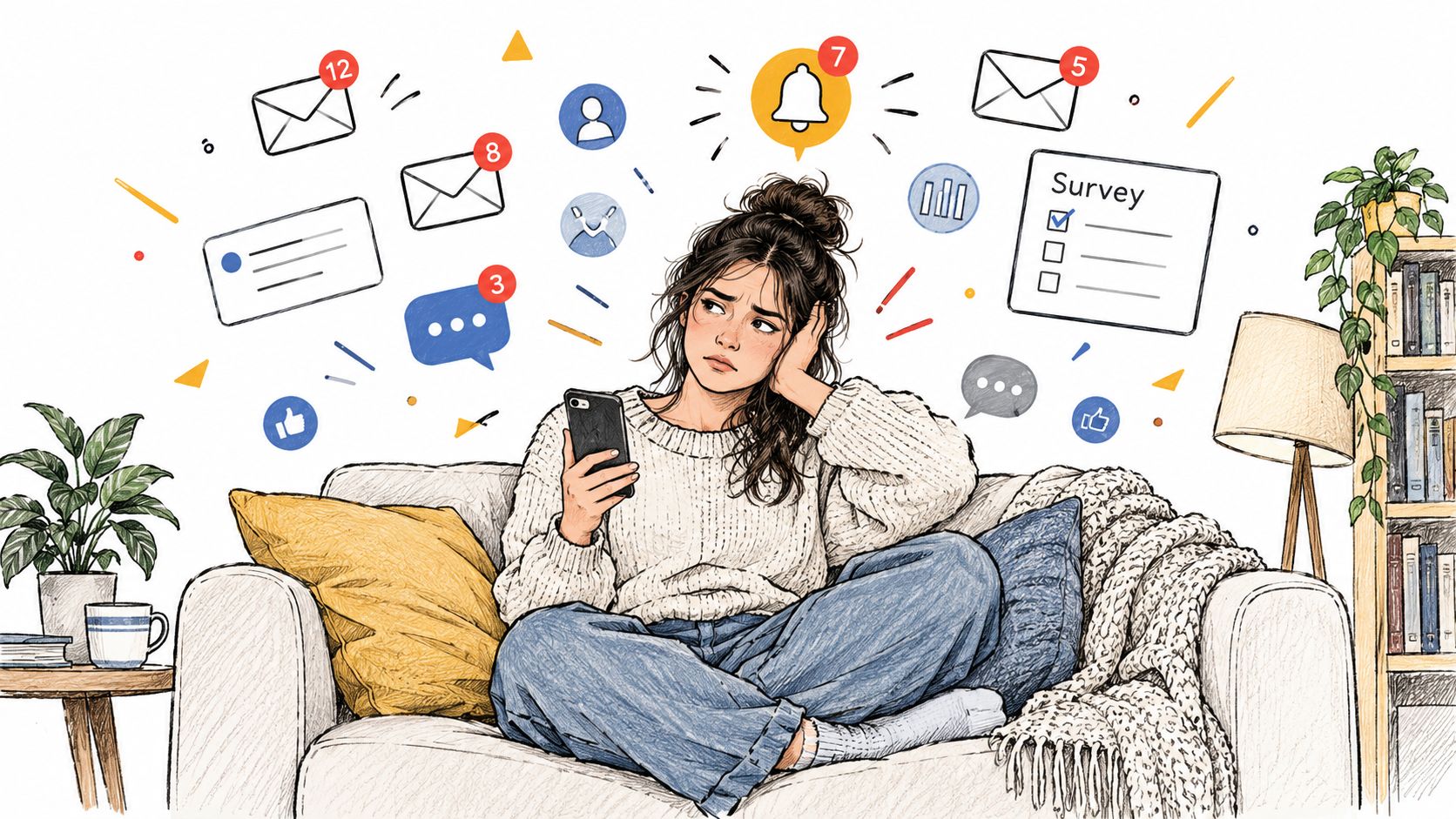 A stressed young woman sitting on a couch, overwhelmed by digital notifications and survey requests on her phone.