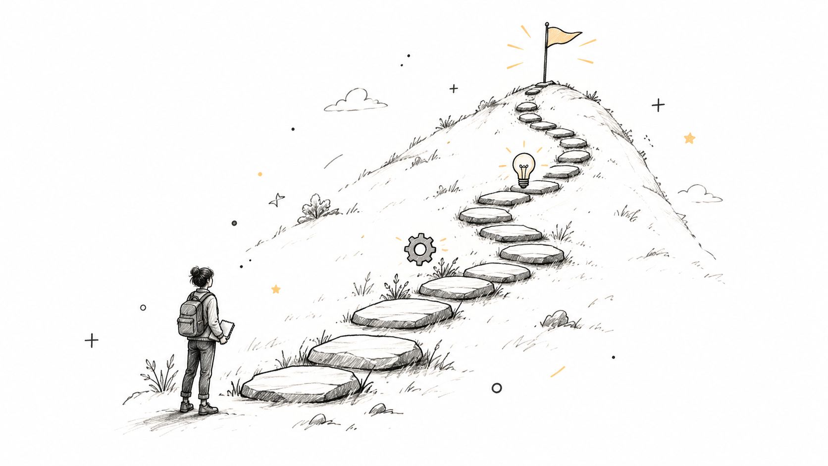 A line drawing of a person with a backpack looking up at a path of stone steps leading to a flag on a hill.