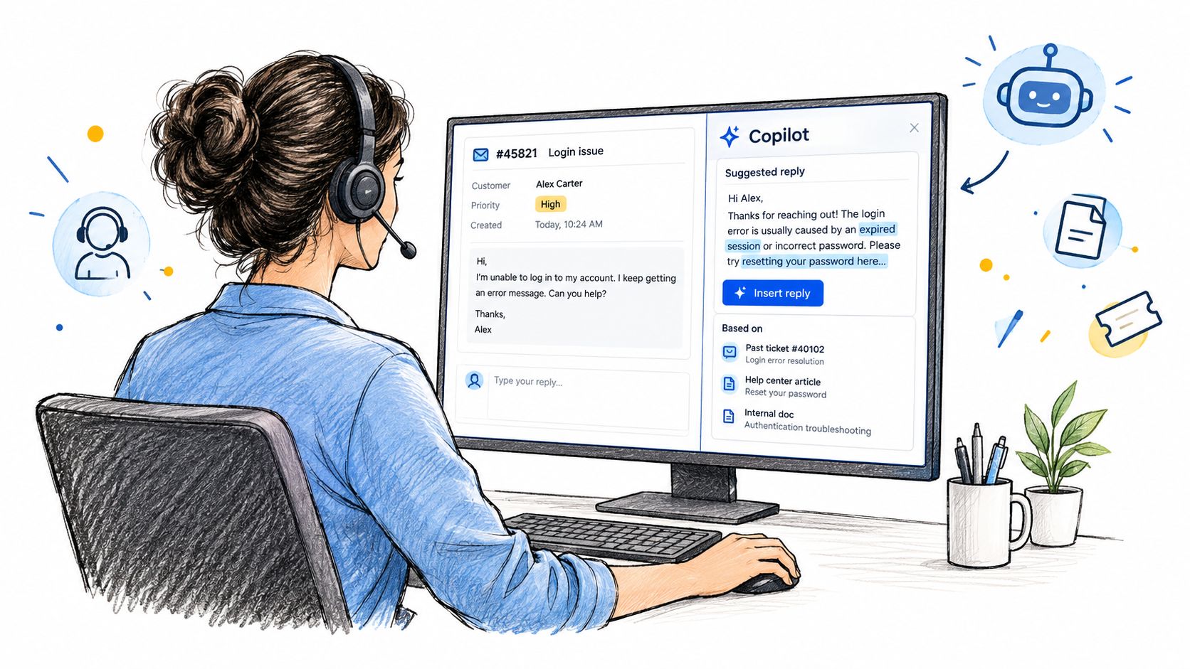 A support agent using an AI-powered Copilot tool on their computer to help resolve customer support tickets.