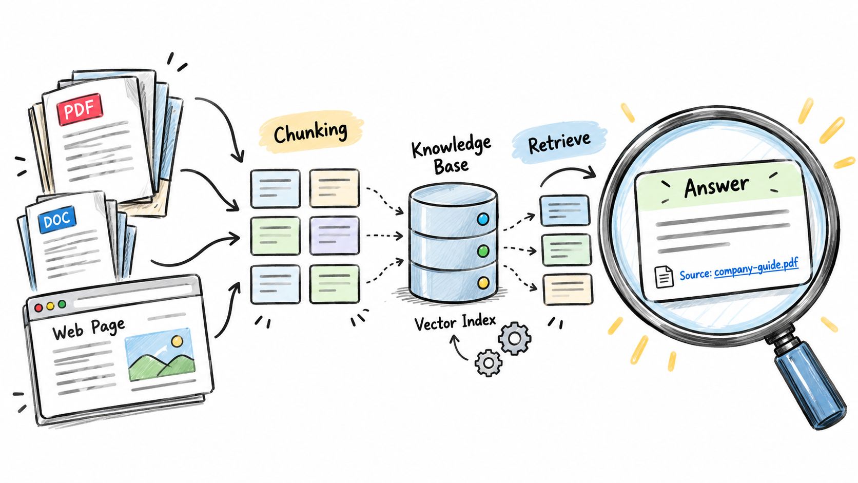 A diagram illustrating the Retrieval Augmented Generation process for document processing and AI based knowledge retrieval.