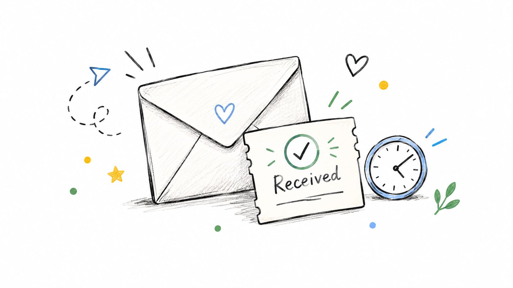 A hand-drawn illustration of an email envelope, a received ticket, and a clock on a white background.