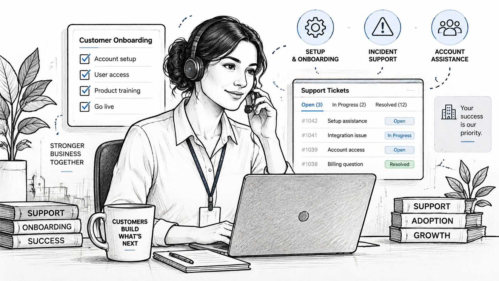 A professional customer support representative wearing a headset while working on a laptop at her desk.